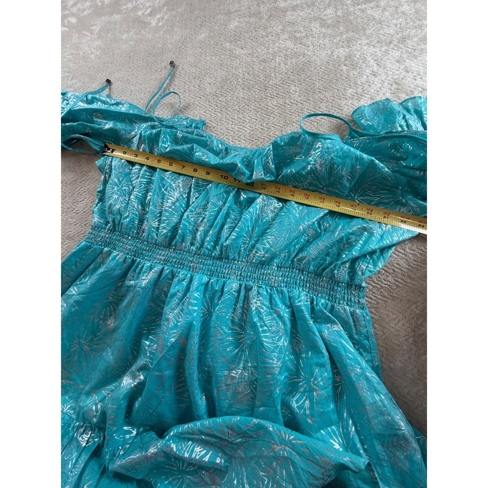 Michael Kors Turquoise Metallic Silver Palm Cold Shoulder Smocked Dress 2X - Picture 8 of 10